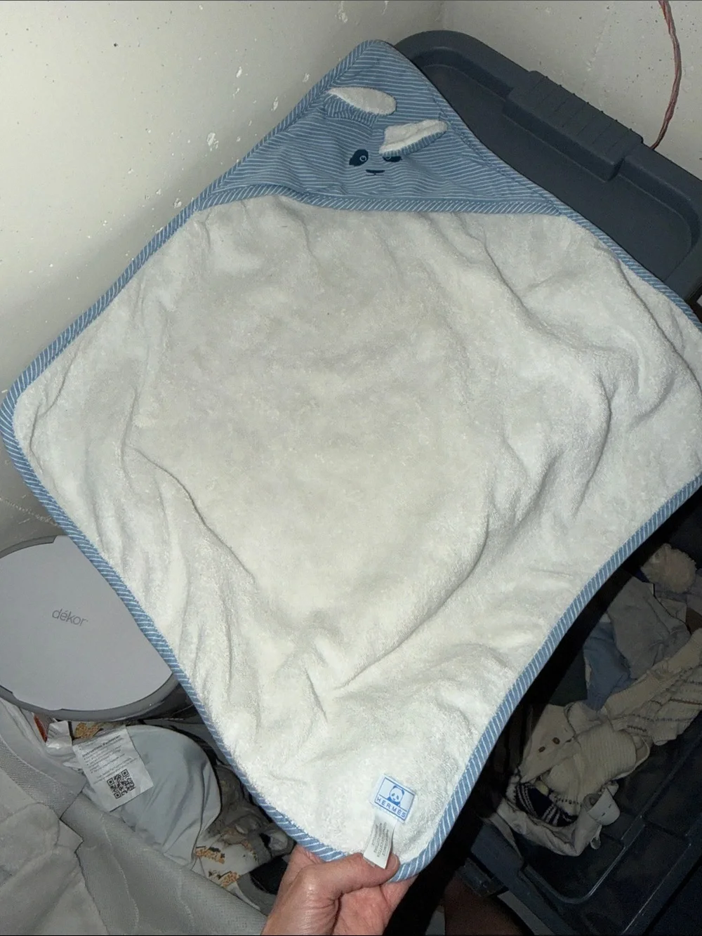 Hermes Baby Hooded Towel and Wash Mitt in White and Light Blue